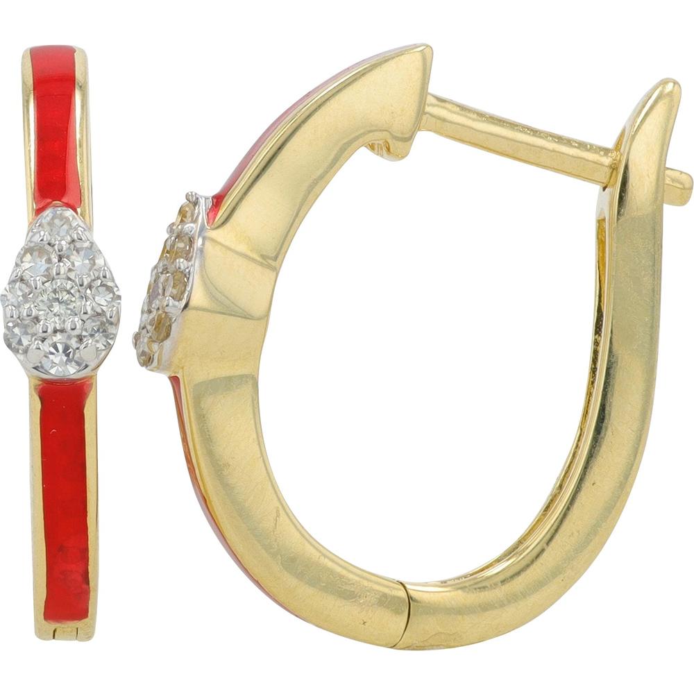 14K White Gold Diamond Cluster Hoop Earrings with Red Enamel - 0.10 Carat Total Diamond Weight