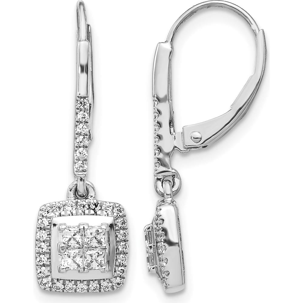 14K White Gold Diamond Cluster Leverback Earrings with Square and Round Diamonds - 0.079 Carat Total Diamond Weight by Monteluci Fine Jewelry