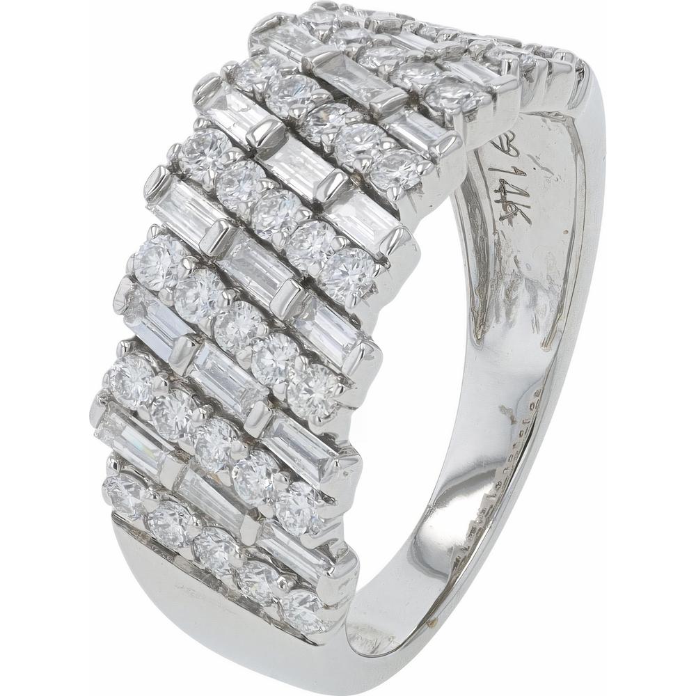 14K White Gold Diamond Cluster Ring with Baguette and Round Diamonds - 1.00 Carats Total Diamond Weight