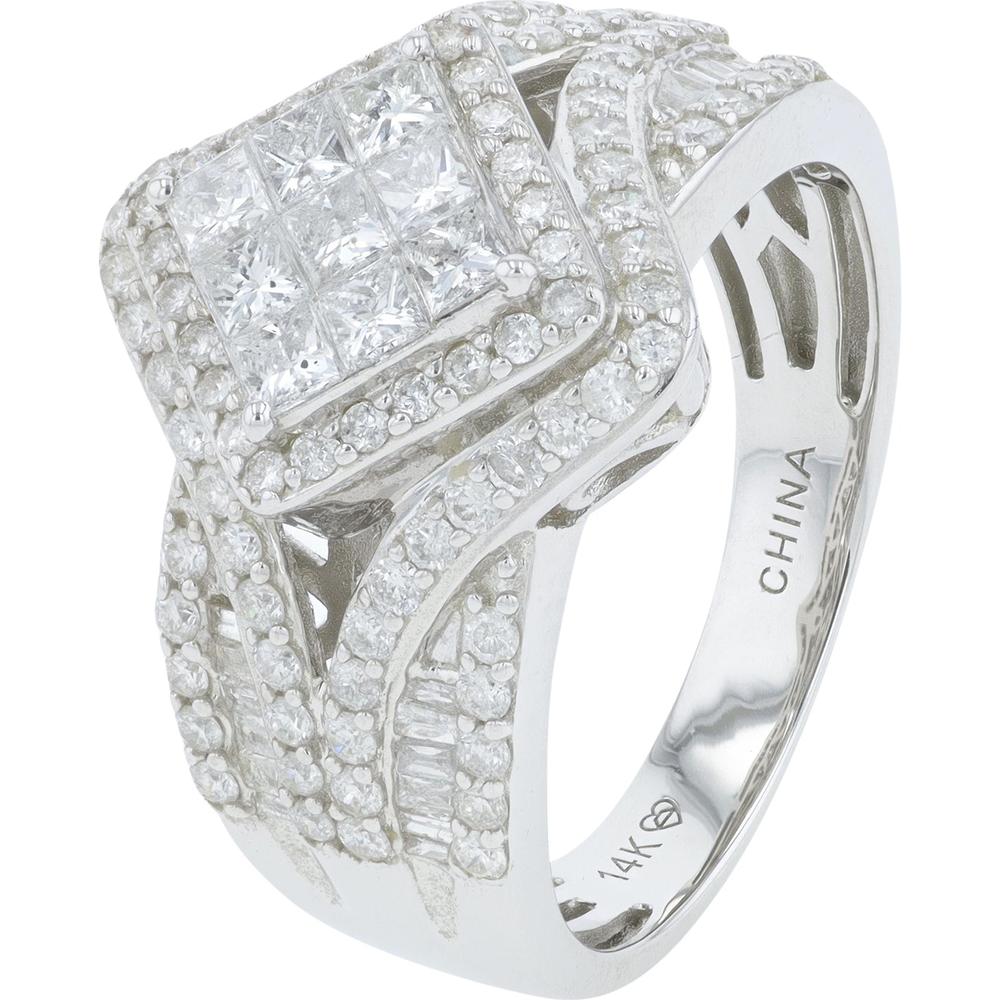 14K White Gold Diamond Cluster Ring with Princess, Round & Baguette Diamonds - 1.50 Carat Total Diamond Weight