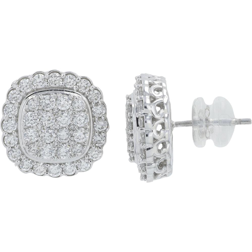 14K White Gold Diamond Cluster Stud Earrings - 1.50 Carat Total Diamond Weight