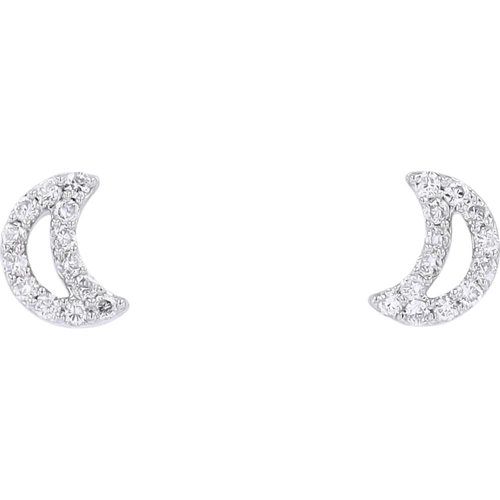 14K White Gold Diamond Crescent Moon Stud Earrings with Pave-Set Diamonds - 0.17 Carats Total Weight