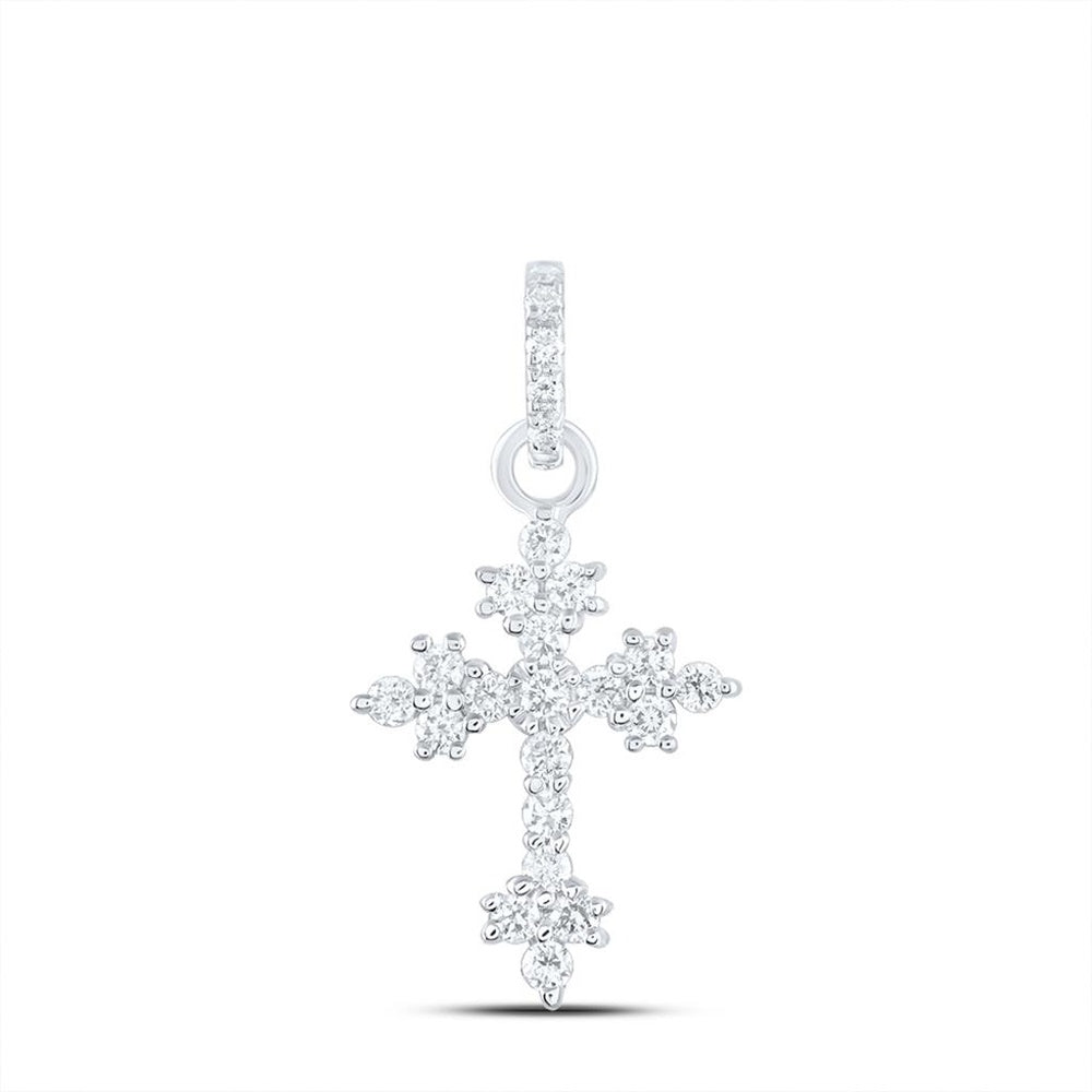 14K White Gold Diamond Cross Pendant - 1/7 Carat Total Diamond Weight
