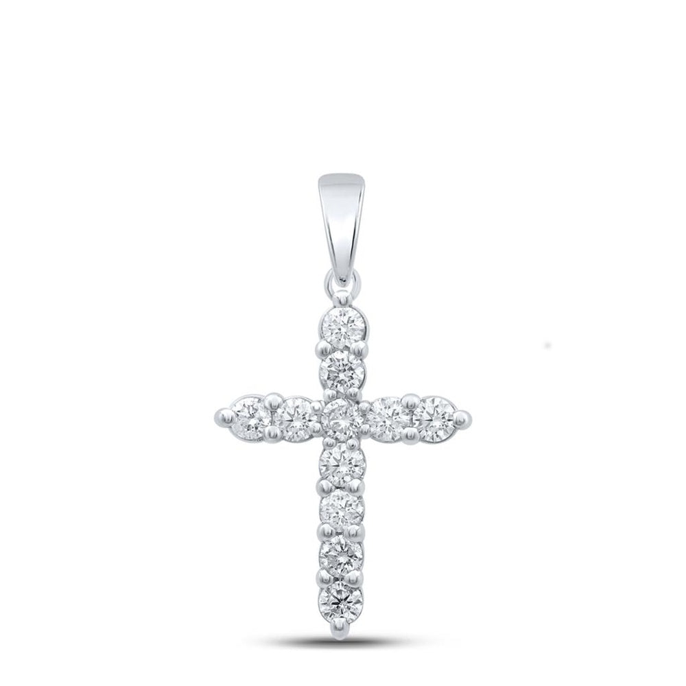 14K White Gold Diamond Cross Pendant - 1 Carat Total Diamond Weight