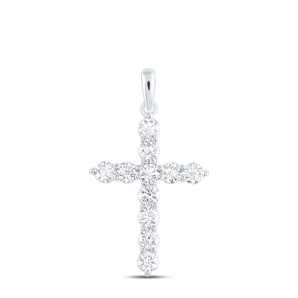 14K White Gold Diamond Cross Pendant - 1 Carat Total Diamond Weight