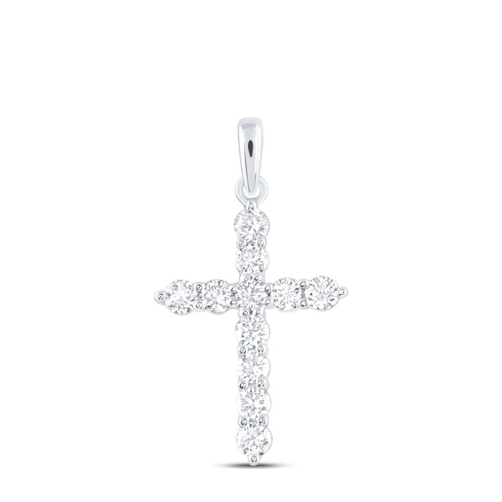 14K White Gold Diamond Cross Pendant - 3/4 Carat Total Diamond Weight
