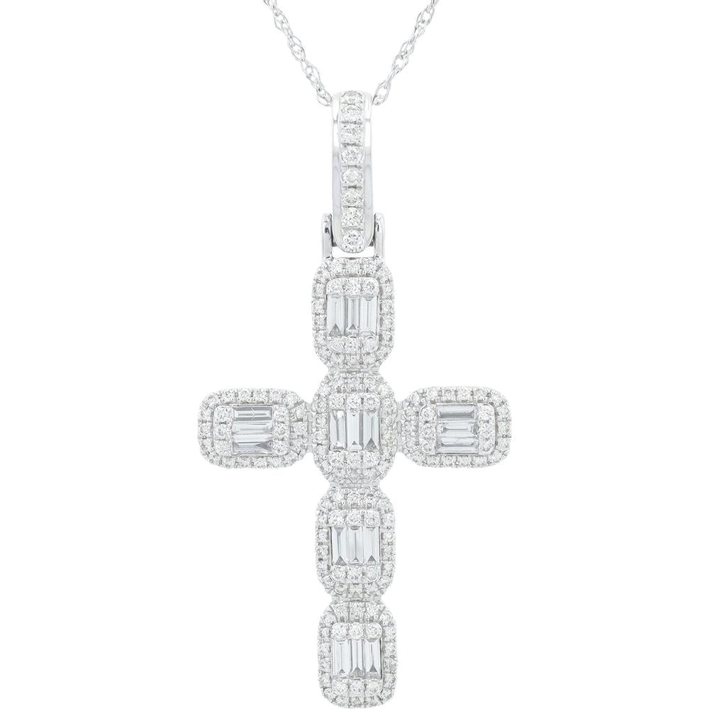 14K White Gold Diamond Cross Pendant with Baguette and Round Halo Diamonds - 1.75 Carat Total Diamond Weight