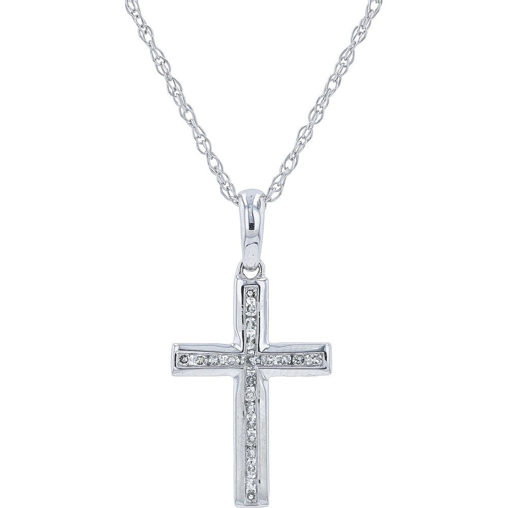 14K White Gold Diamond Cross Pendant with Channel-Set Round Diamonds - 0.06 Carat Total Diamond Weight