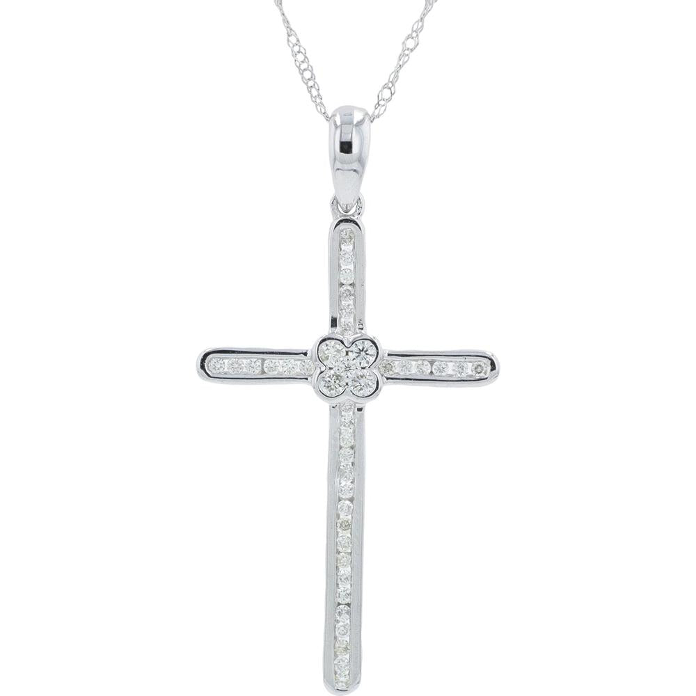 14K White Gold Diamond Cross Pendant with Floral Cluster - 0.27 Carat Total Diamond Weight