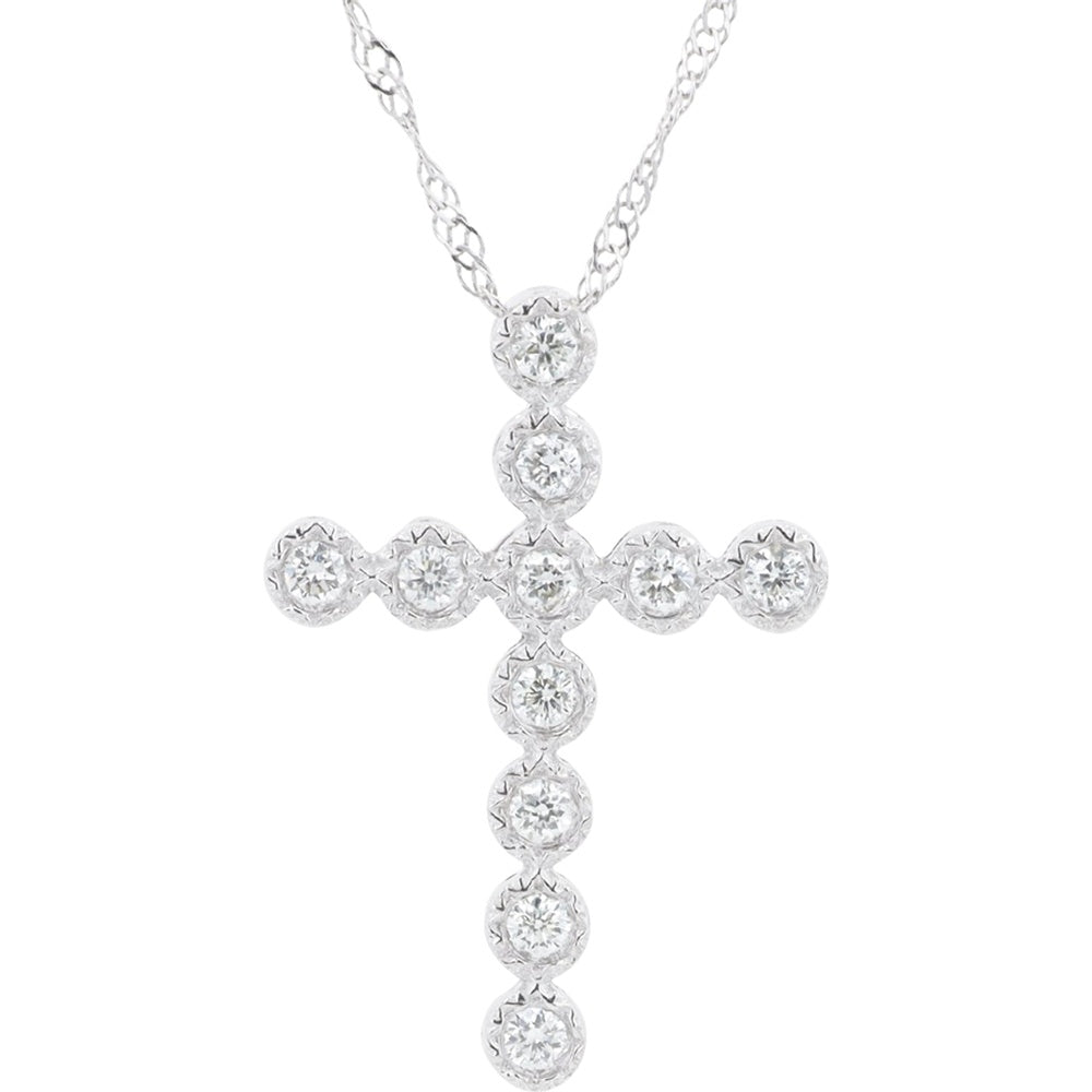 14K White Gold Diamond Cross Pendant with Milgrain Detail and Round Brilliant Diamonds - 0.25 Carat Total Diamond Weight
