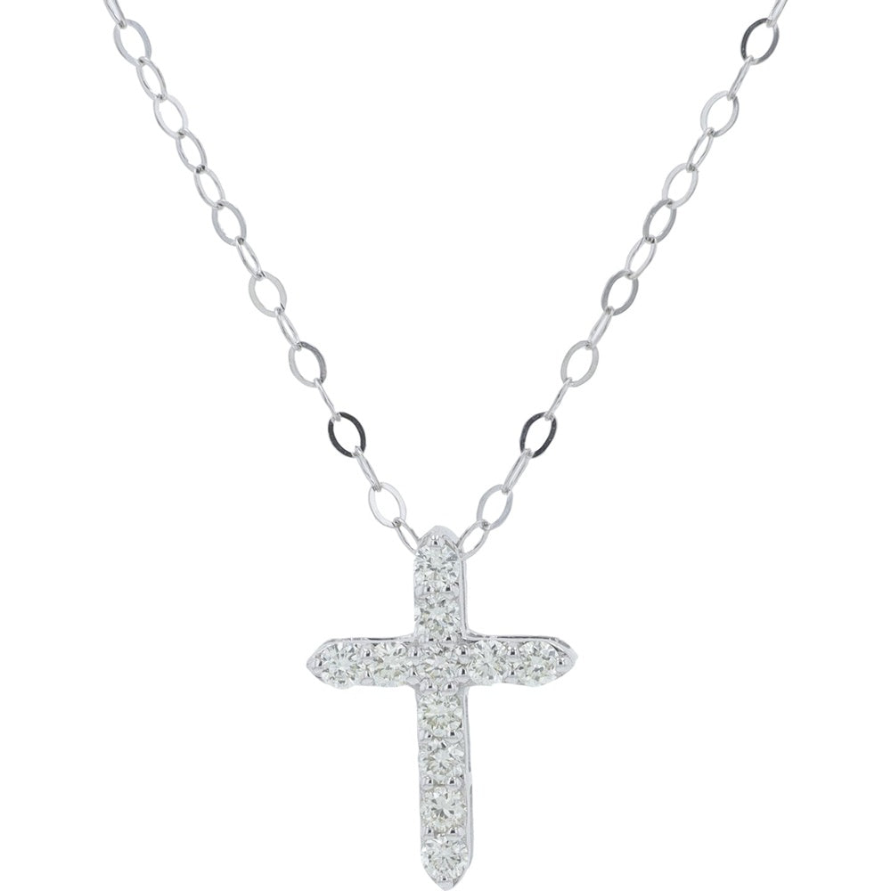14K White Gold Diamond Cross Pendant with Prong-Set Round Diamonds - 0.10 Carat Total Diamond Weight
