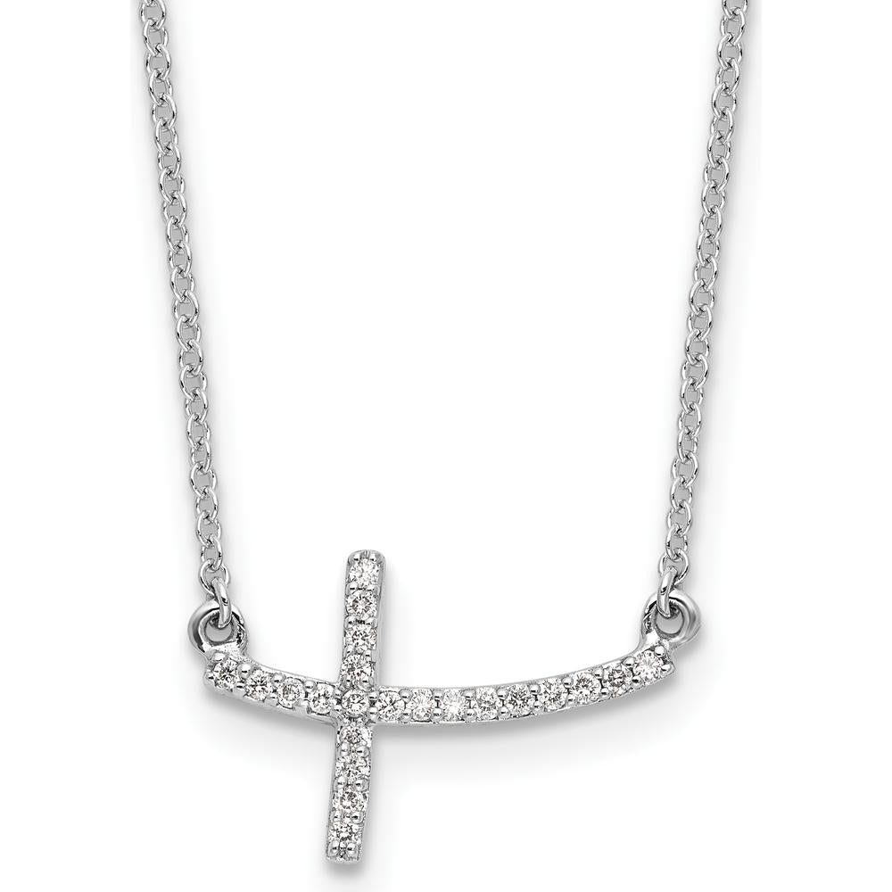 14K White Gold Diamond Curved Sideways Cross Pendant Necklace - 1/10 Carat Total Diamond Weight by Monteluci Fine Jewelry
