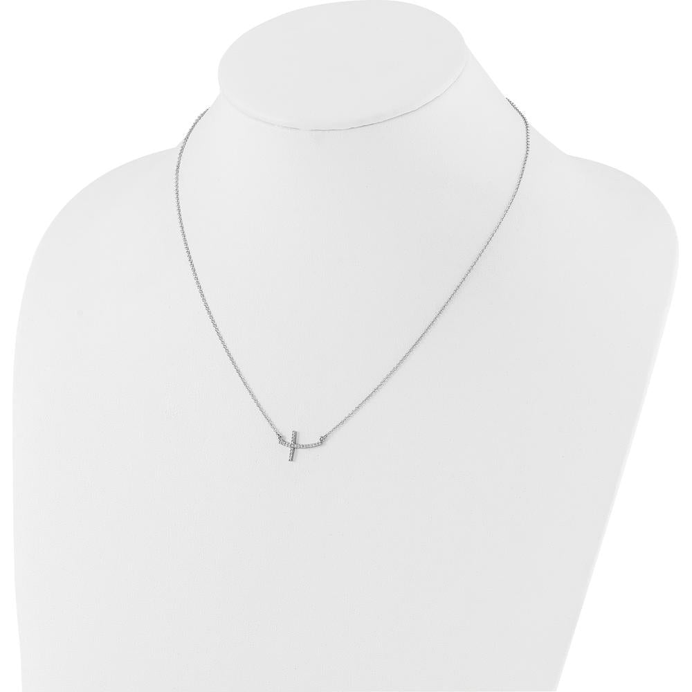 14K White Gold Diamond Curved Sideways Cross Pendant Necklace - 1/10 Carat Total Diamond Weight by Monteluci Fine Jewelry