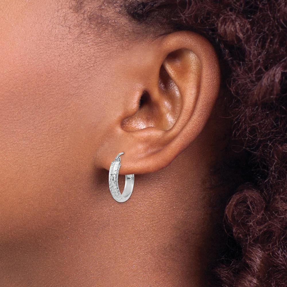 14K White Gold Diamond-Cut 17mm Hollow Hoop Earrings with Polished Finish and Rhodium Plating by 0