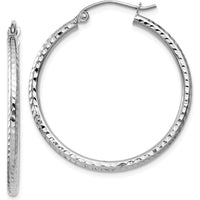 14K White Gold Diamond-cut 2mm Round Tube Hoop Earrings - 30mm Length by 0