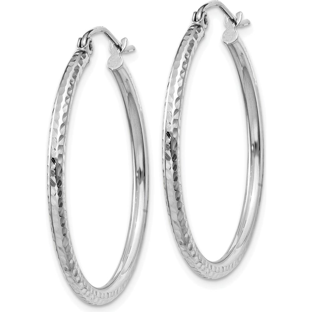 14K White Gold Diamond-cut 2mm Round Tube Hoop Earrings - 30mm Length by 0