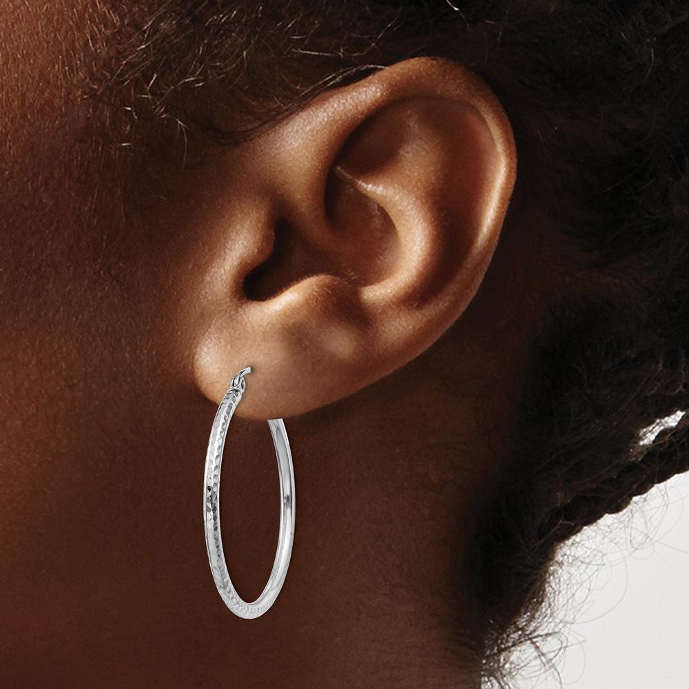 14K White Gold Diamond-cut 2mm Round Tube Hoop Earrings - 30mm Length by 0