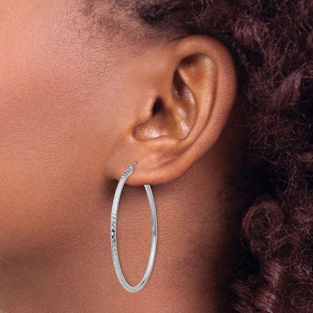 14K White Gold Diamond-cut 2mm Round Tube Hoop Earrings - 45mm Length by 0