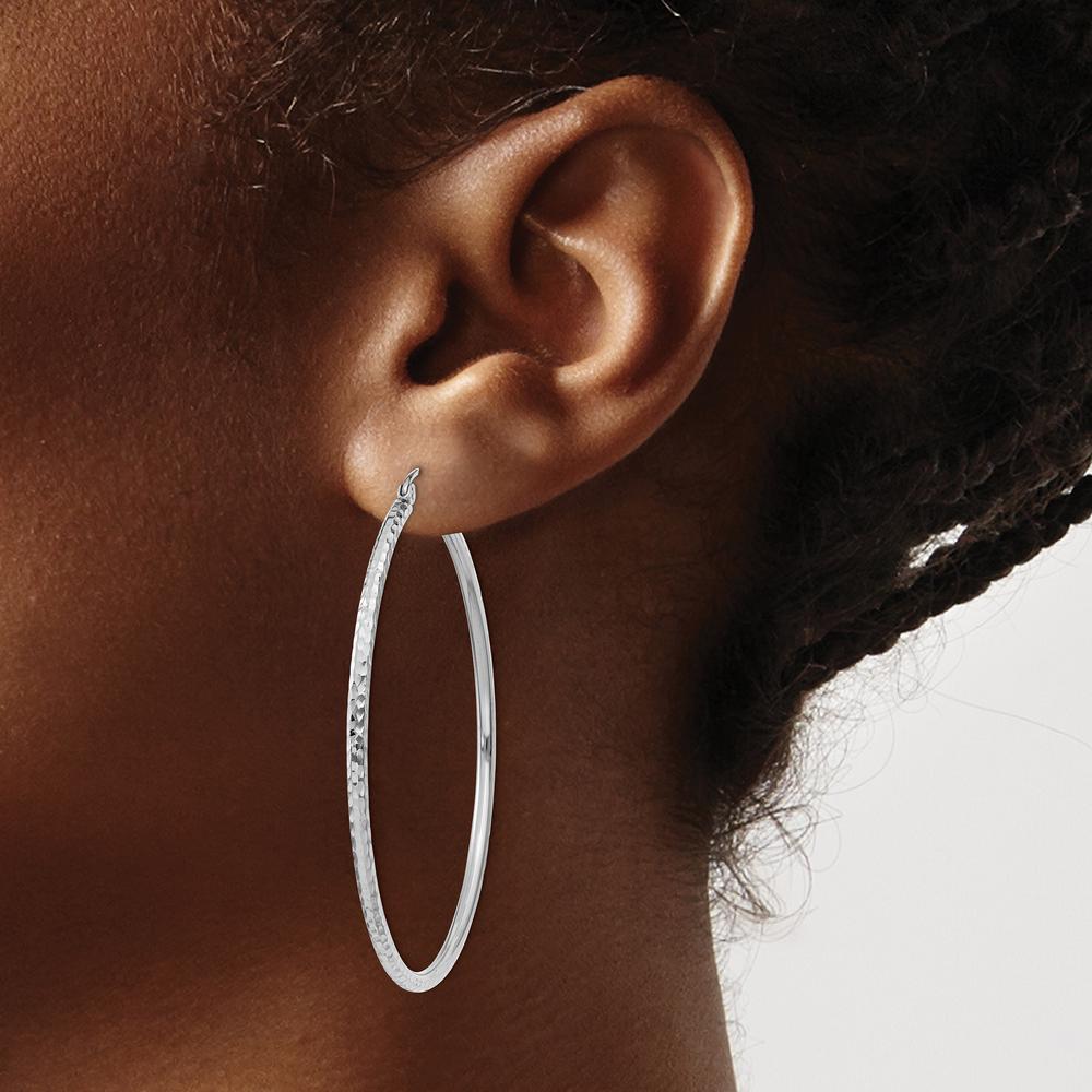 14K White Gold Diamond-Cut 2mm Round Tube Hoop Earrings - 50mm Length by 0