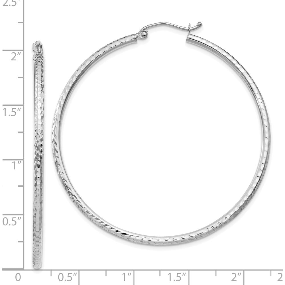 14K White Gold Diamond-Cut 2mm Round Tube Hoop Earrings - 50mm Length by 0