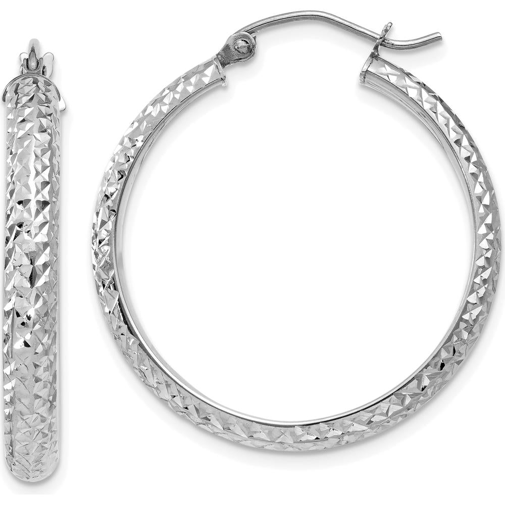 14K White Gold Diamond-Cut 3.5x28mm Hollow Hoop Earrings - Polished Finish by 0