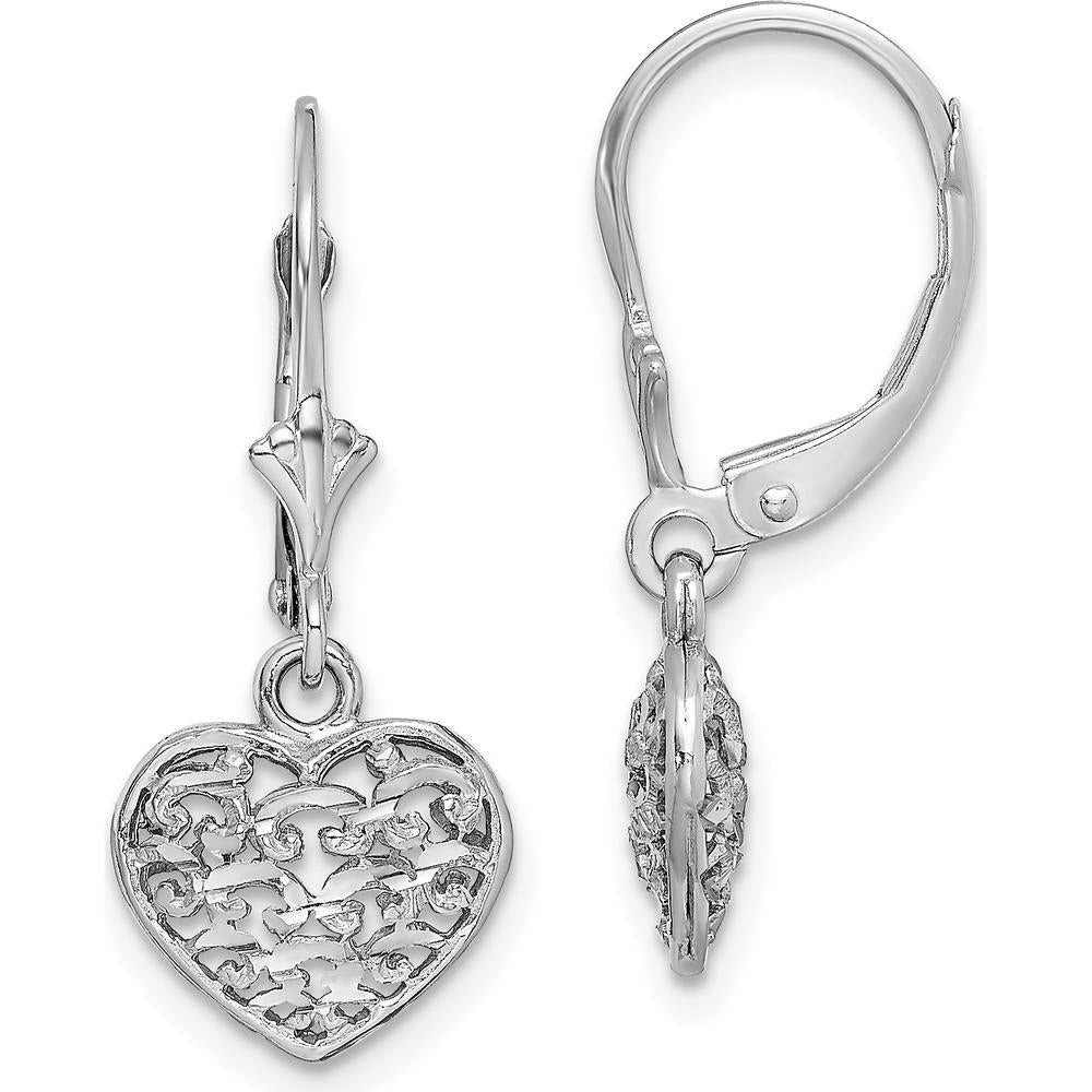 14K White Gold Diamond-Cut 3D Puffed Heart Leverback Earrings by 0