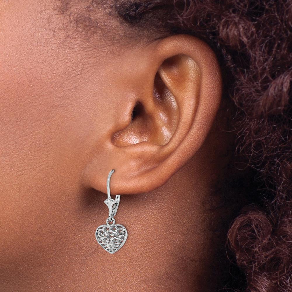 14K White Gold Diamond-Cut 3D Puffed Heart Leverback Earrings by 0