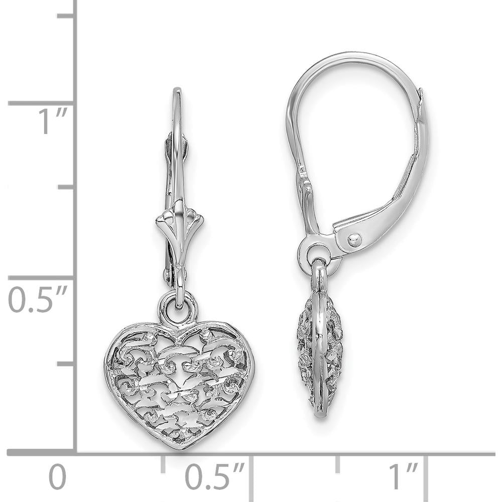14K White Gold Diamond-Cut 3D Puffed Heart Leverback Earrings by 0