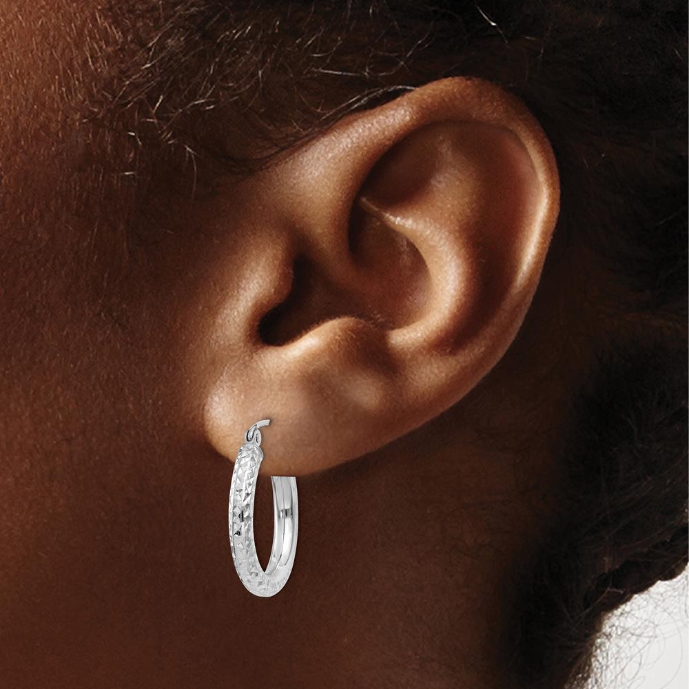 14K White Gold Diamond-Cut 3mm Round Hoop Earrings - 20mm Length by 0