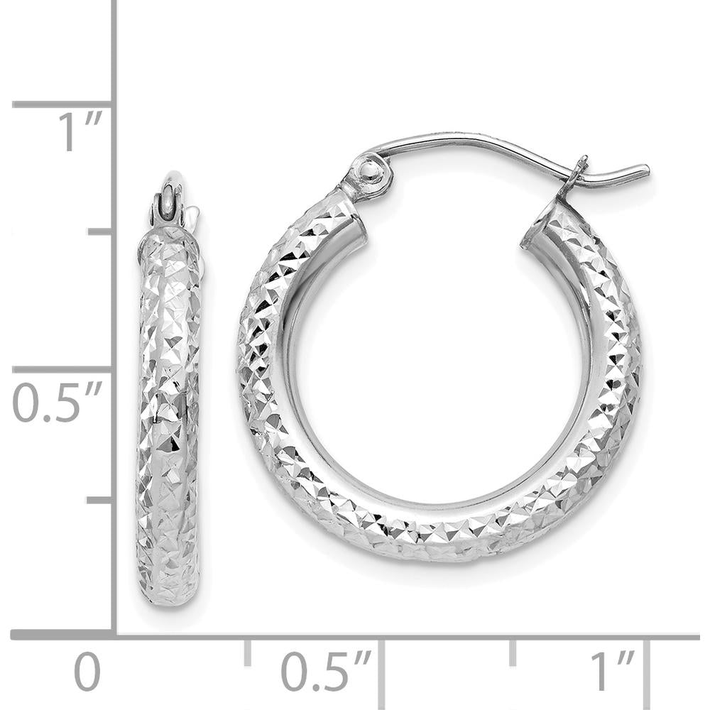 14K White Gold Diamond-Cut 3mm Round Hoop Earrings - 20mm Length by 0