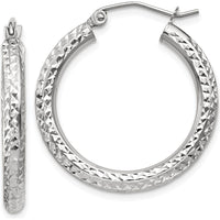 14K White Gold Diamond-Cut 3mm Round Hoop Earrings - 25mm Length by 0