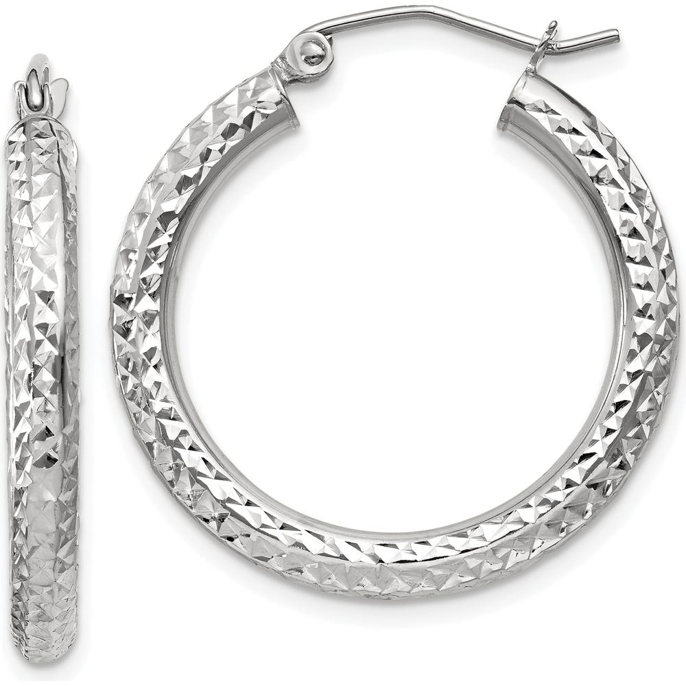 14K White Gold Diamond-Cut 3mm Round Hoop Earrings - 25mm Length by 0