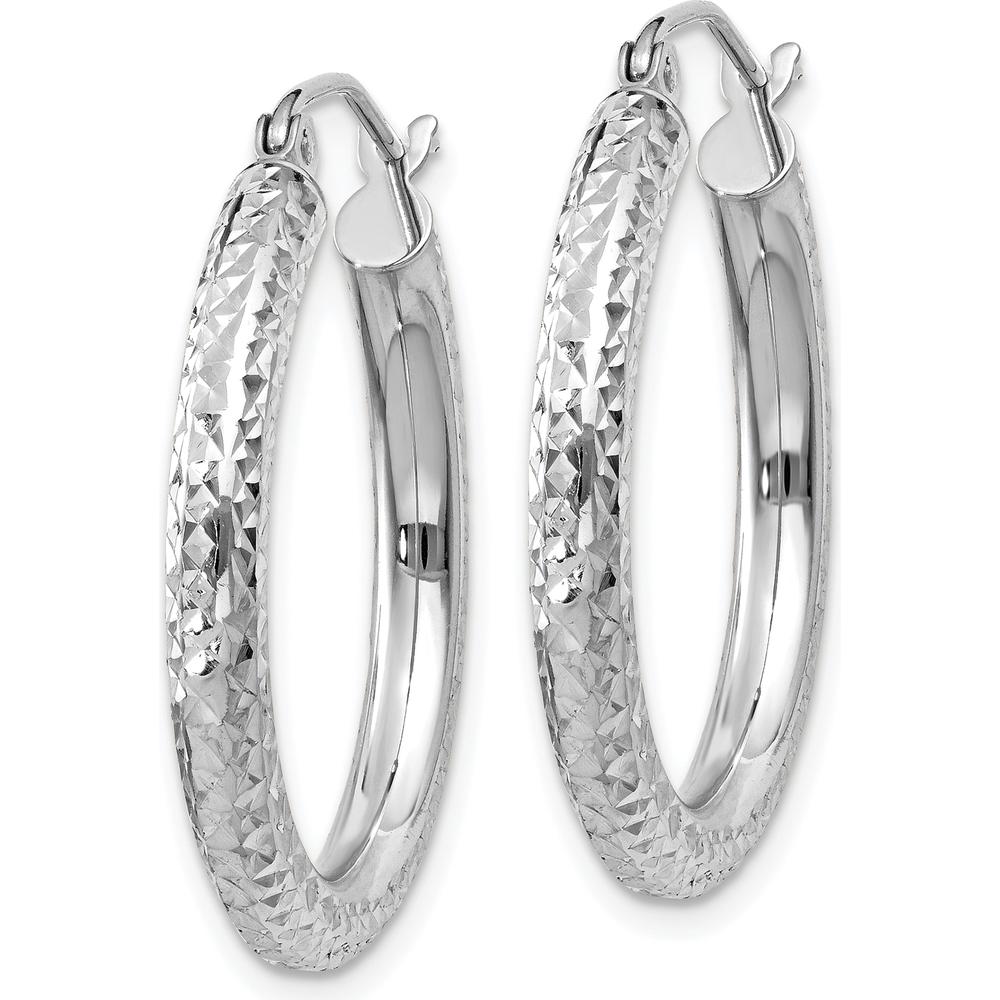 14K White Gold Diamond-Cut 3mm Round Hoop Earrings - 25mm Length by 0