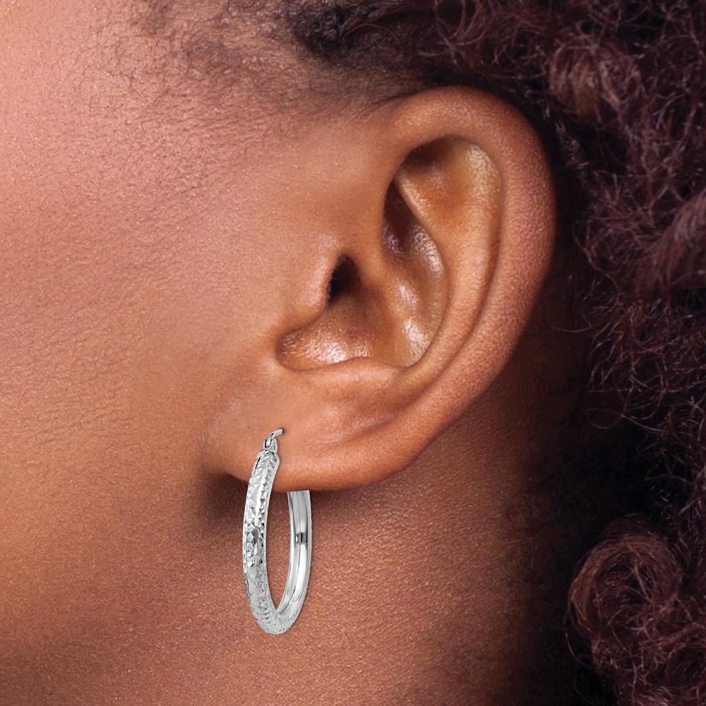 14K White Gold Diamond-Cut 3mm Round Hoop Earrings - 25mm Length by 0