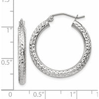 14K White Gold Diamond-Cut 3mm Round Hoop Earrings - 25mm Length by 0
