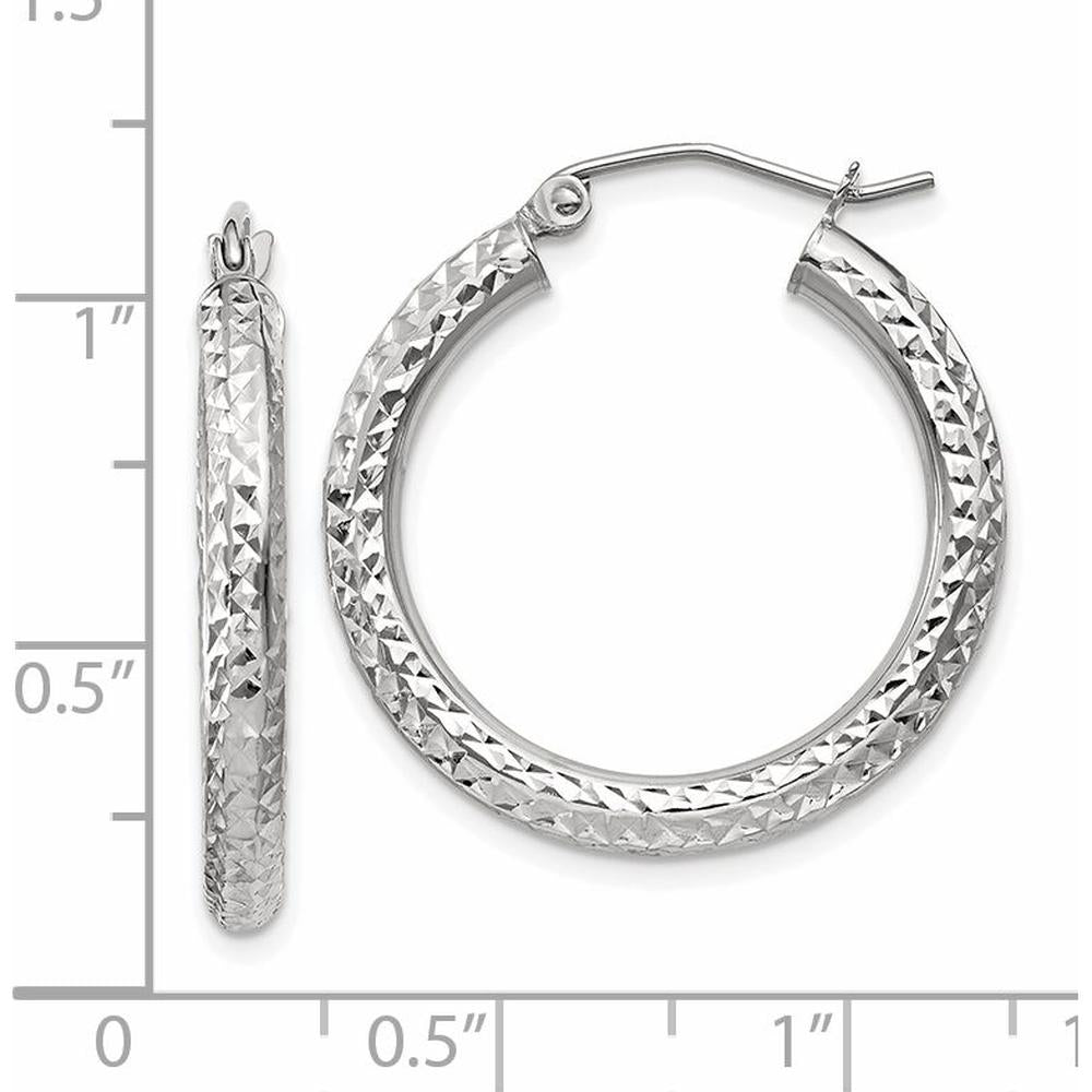14K White Gold Diamond-Cut 3mm Round Hoop Earrings - 25mm Length by 0