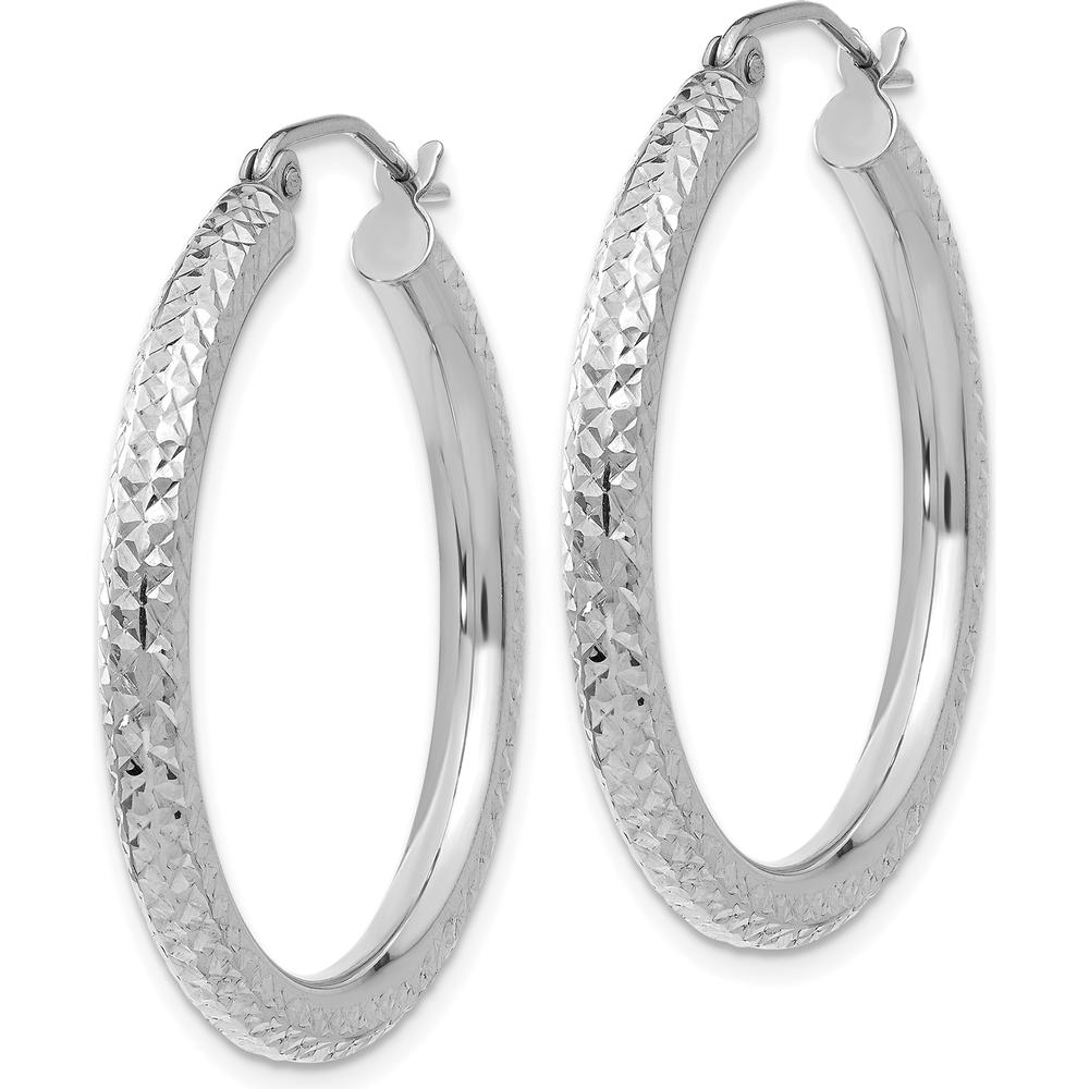 14K White Gold Diamond-Cut 3mm Round Hoop Earrings - 30mm Length by 0