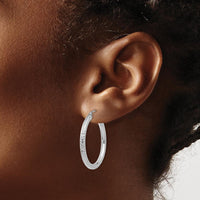 14K White Gold Diamond-Cut 3mm Round Hoop Earrings - 30mm Length by 0