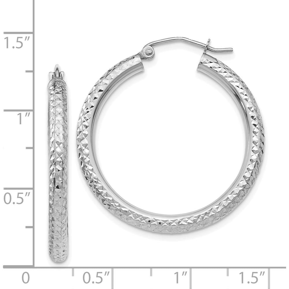 14K White Gold Diamond-Cut 3mm Round Hoop Earrings - 30mm Length by 0