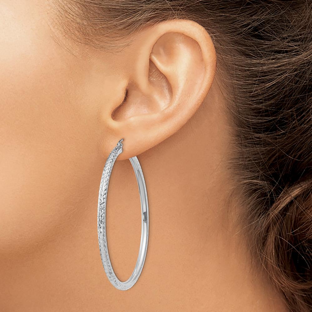 14K White Gold Diamond-Cut 3mm Round Hoop Earrings - 55mm Length by 0