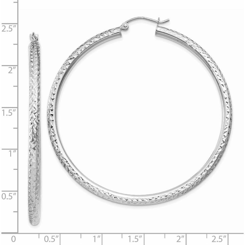 14K White Gold Diamond-Cut 3mm Round Hoop Earrings - 55mm Length by 0