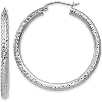 14K White Gold Diamond-Cut 3mm Round Hoop Earrings - Polished Finish by 0
