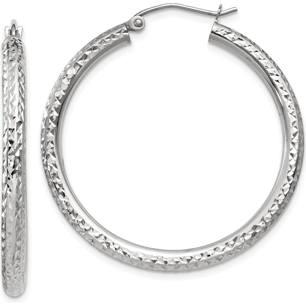 14K White Gold Diamond-Cut 3mm Round Hoop Earrings - Polished Finish by 0