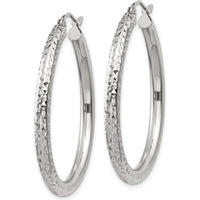 14K White Gold Diamond-Cut 3mm Round Hoop Earrings - Polished Finish by 0