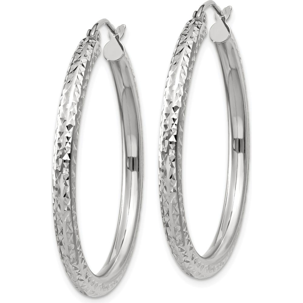 14K White Gold Diamond-Cut 3mm Round Hoop Earrings - Polished Finish by 0