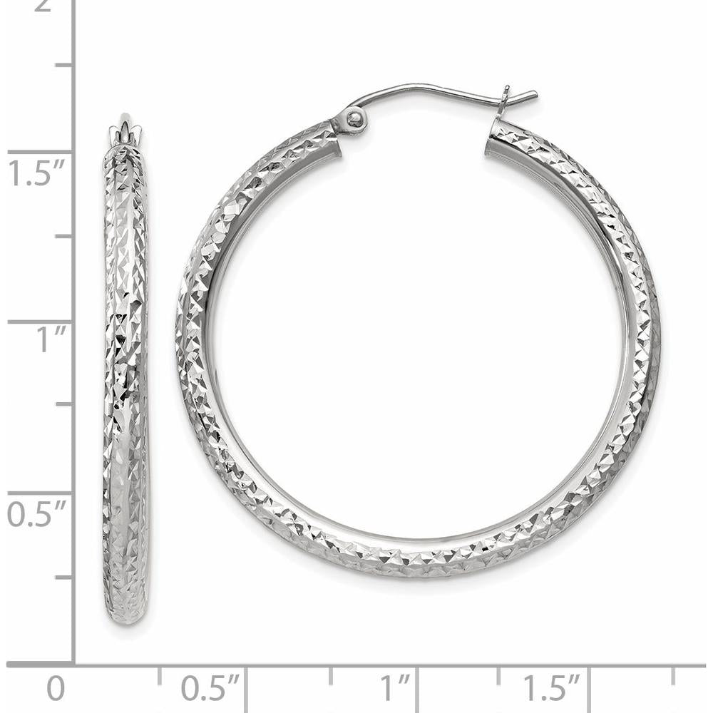 14K White Gold Diamond-Cut 3mm Round Hoop Earrings - Polished Finish by 0