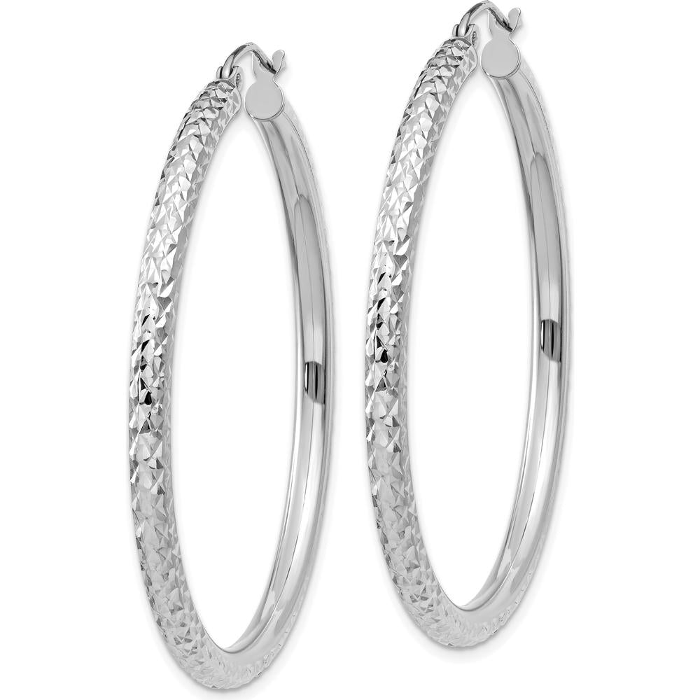 14K White Gold Diamond-cut 3mm Round Hoop Earrings - Polished Finish by 0