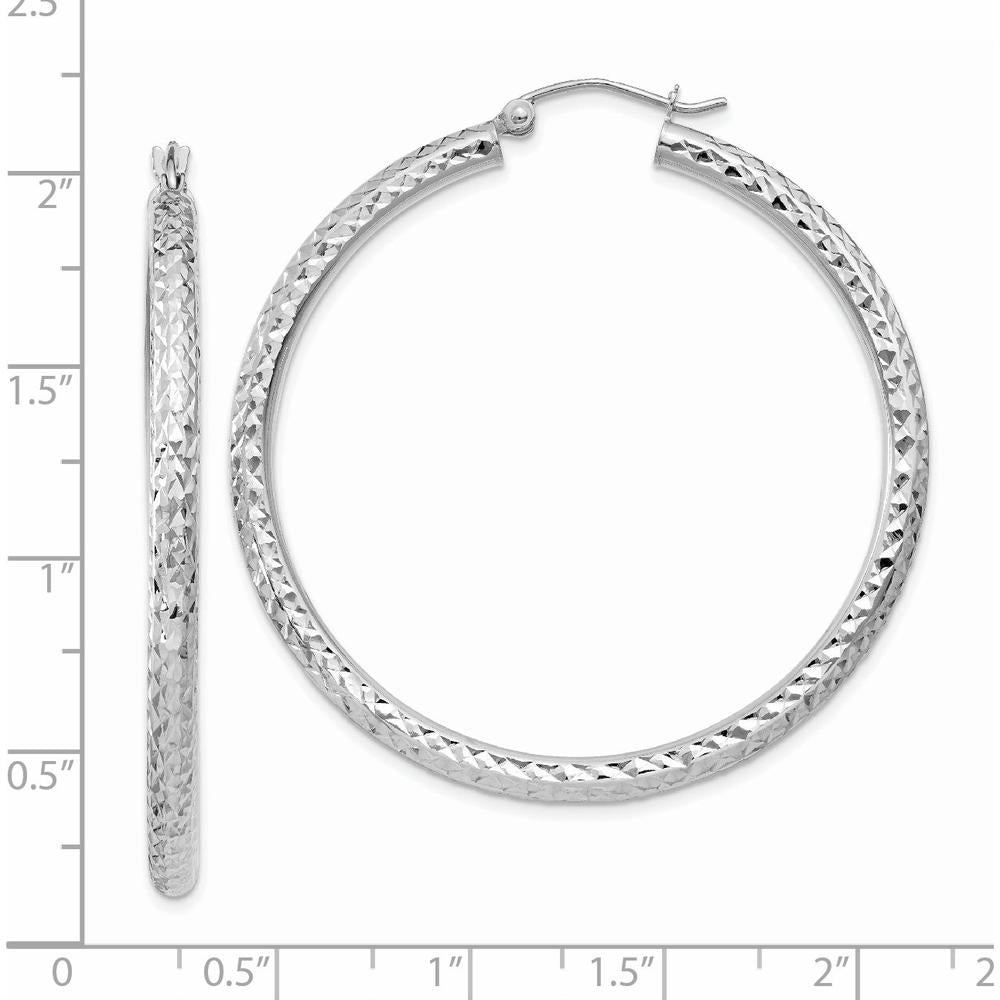 14K White Gold Diamond-cut 3mm Round Hoop Earrings - Polished Finish by 0