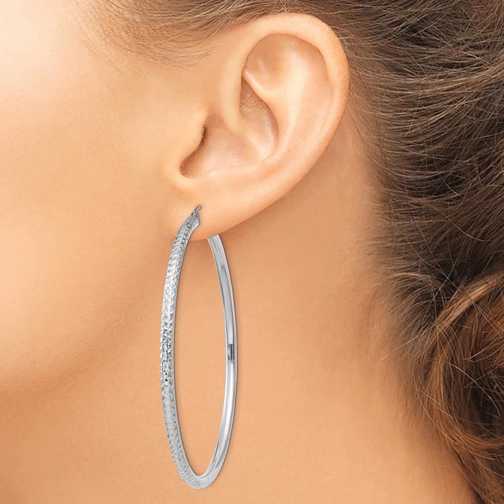 14K White Gold Diamond-Cut 65mm Large Hoop Earrings with Polished Rhodium Finish by 0