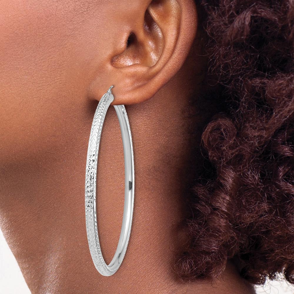 14K White Gold Diamond-cut 70mm Tube Hoop Earrings - Lightweight Design by 0